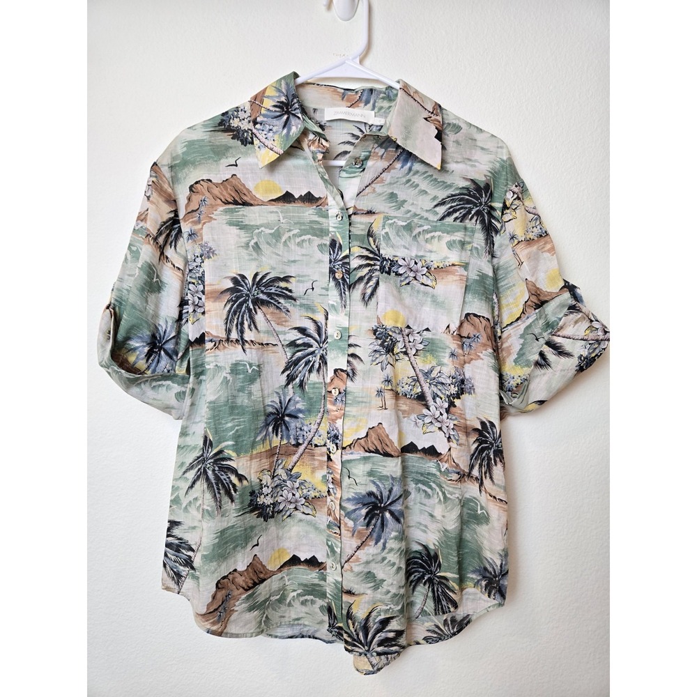 Zimmermann Vacay Shirt Short Sleeve Button Down Oversized Surf Printed Beach Med